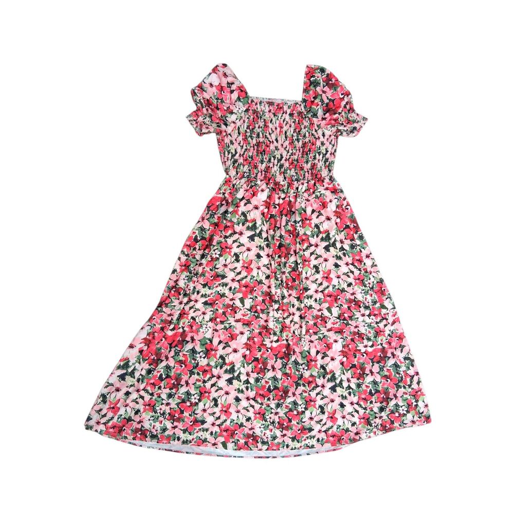 Plus Size 3X Floral Smocked Puff Sleeve Midi Dress - Cottagecore Pink Red Green